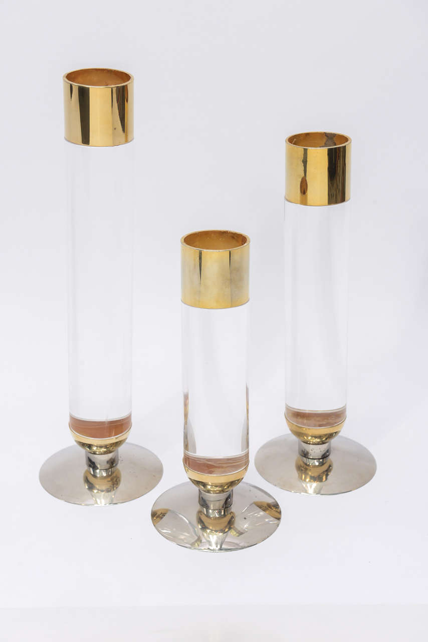 Mid-Century Modern Stunning Set of Three Lucite, Brass and Chrome Candlesticks