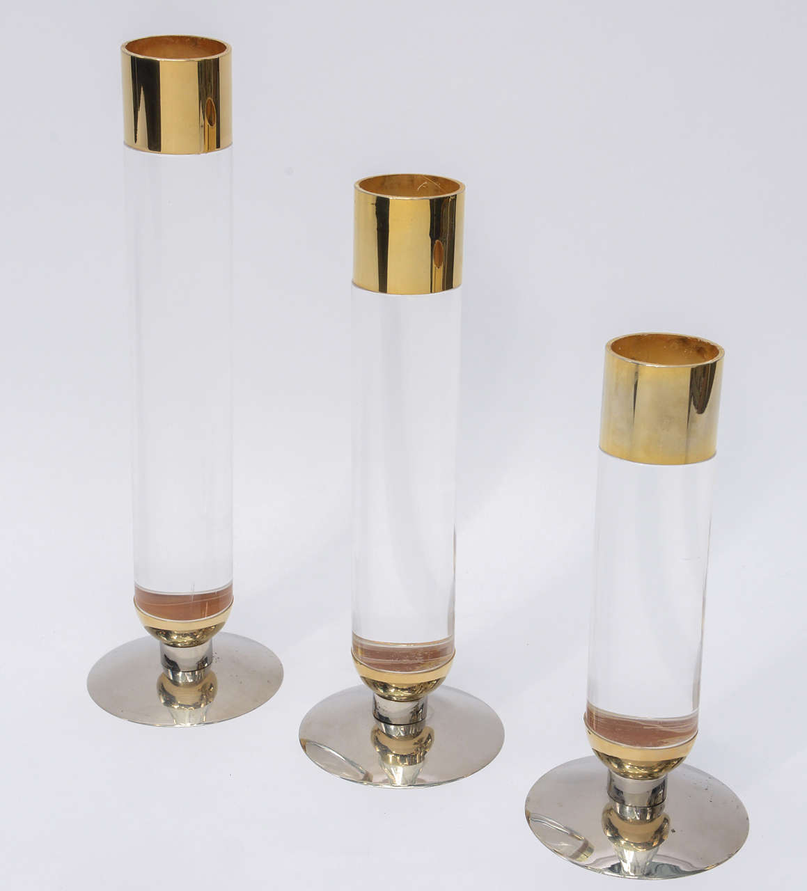 American Stunning Set of Three Lucite, Brass and Chrome Candlesticks