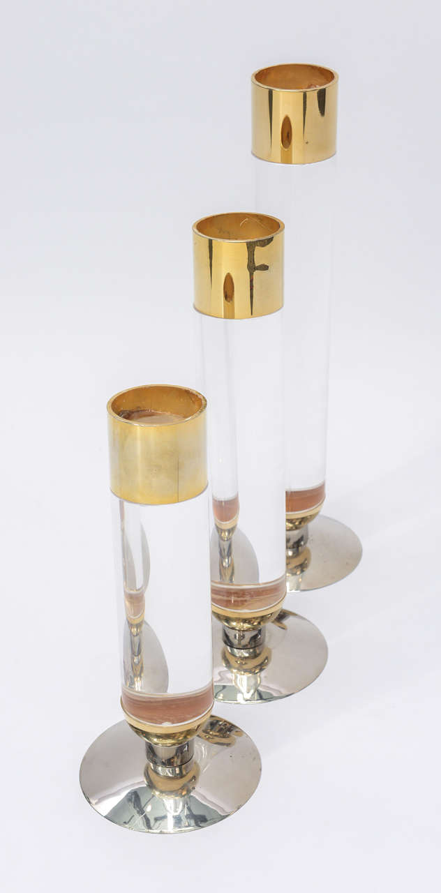 Stunning Set of Three Lucite, Brass and Chrome Candlesticks 1