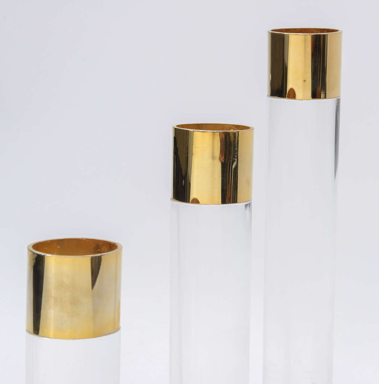 Stunning Set of Three Lucite, Brass and Chrome Candlesticks 2