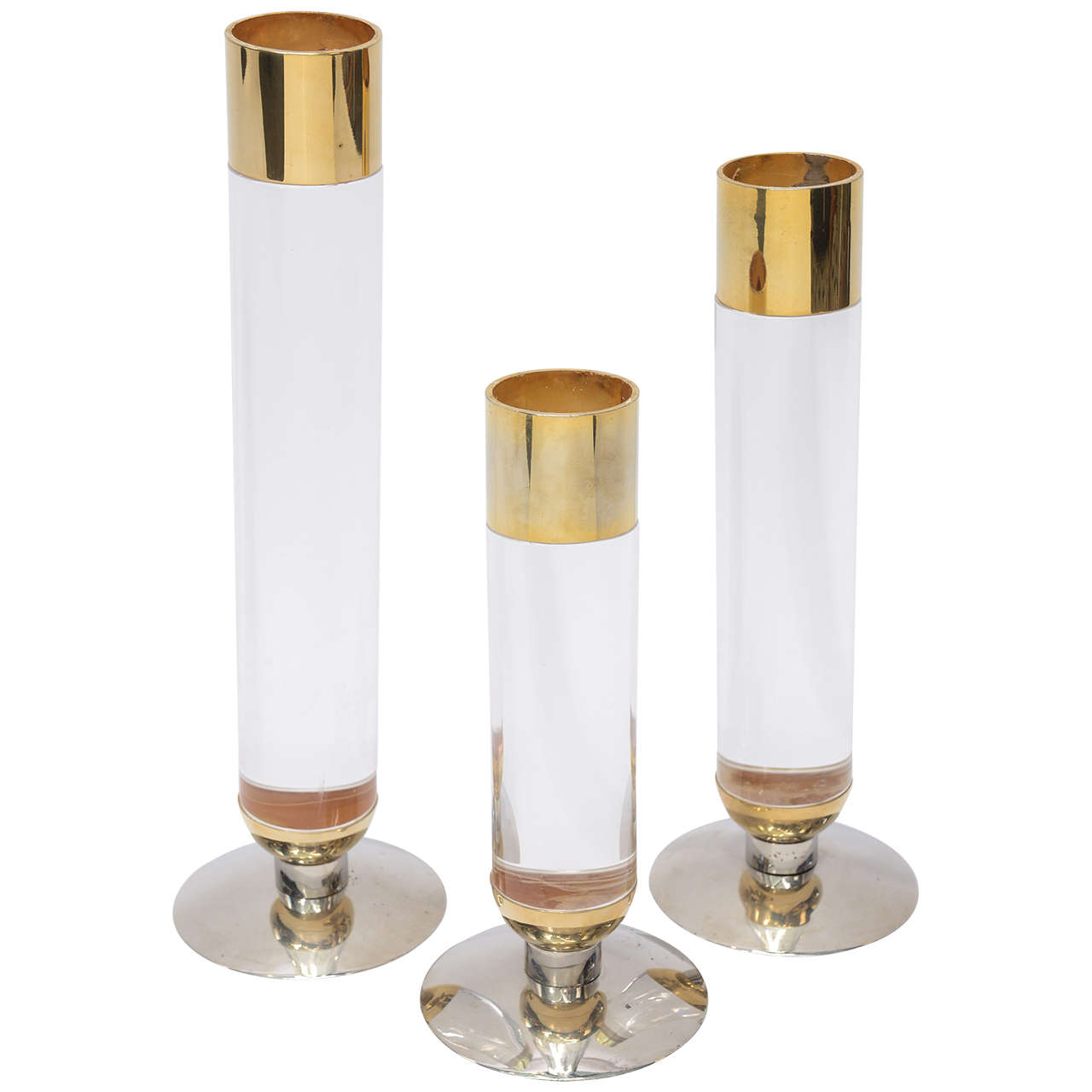 Stunning Set of Three Lucite, Brass and Chrome Candlesticks