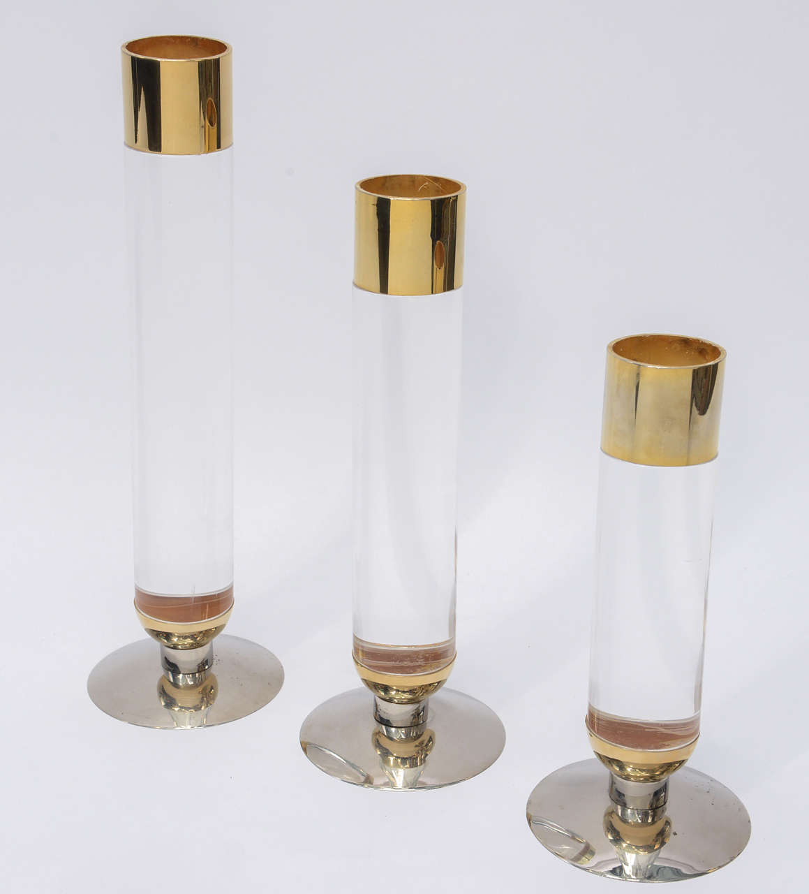 Stunning Set of Three Lucite, Brass and Chrome Candlesticks at 1stDibs