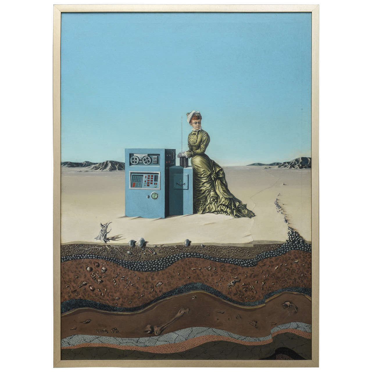 Oil on Canvas "Desert Landscape with Woman & Computer," Robert Springfels, 1970