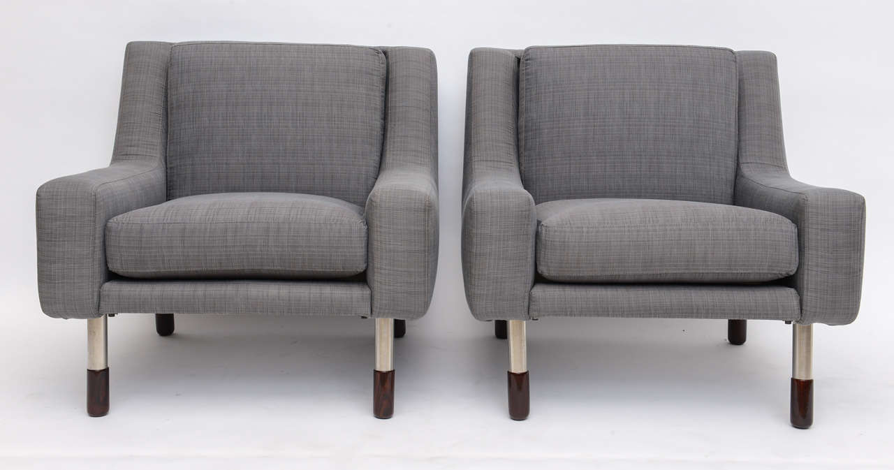 Pair of Modern Nickel Upholstered Italian Chairs, Gianfranco Frattini