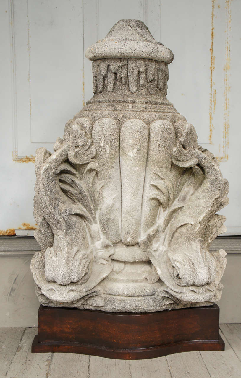 This fine fountain head once formed part of a free-standing grotto fountain and bowl or was wall mounted with the water dropping into a separate bowl. Displayed now on a wooden stand as an art object the piece has a large and dramatic sculptural