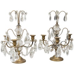 Pair of Brass and Cut Glass Louis XVI Style Candelabra