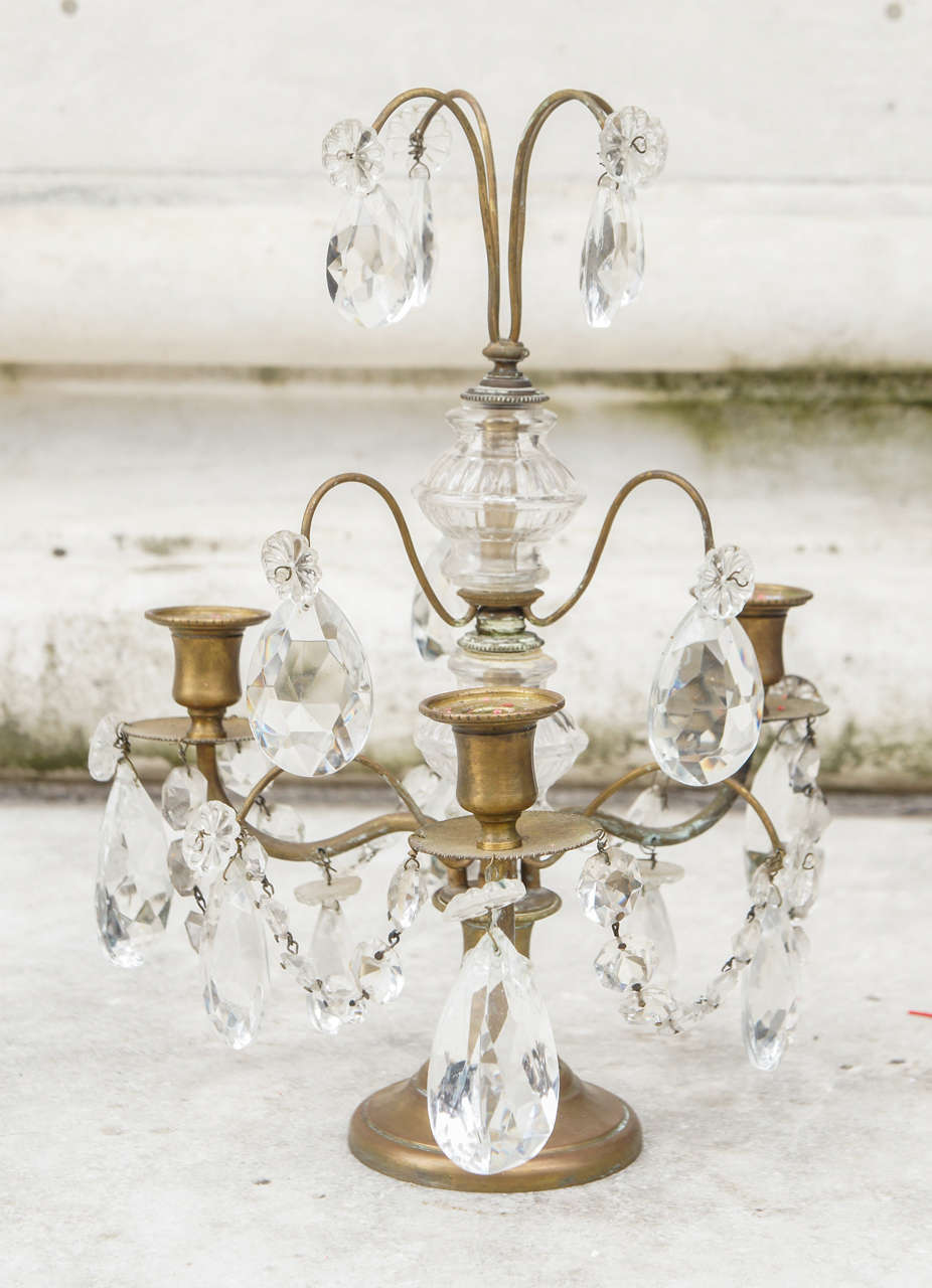 French Pair of Brass and Cut Glass Louis XVI Style Candelabra