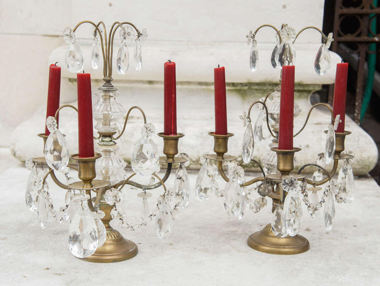 Pair of Brass and Cut Glass Louis XVI Style Candelabra 5