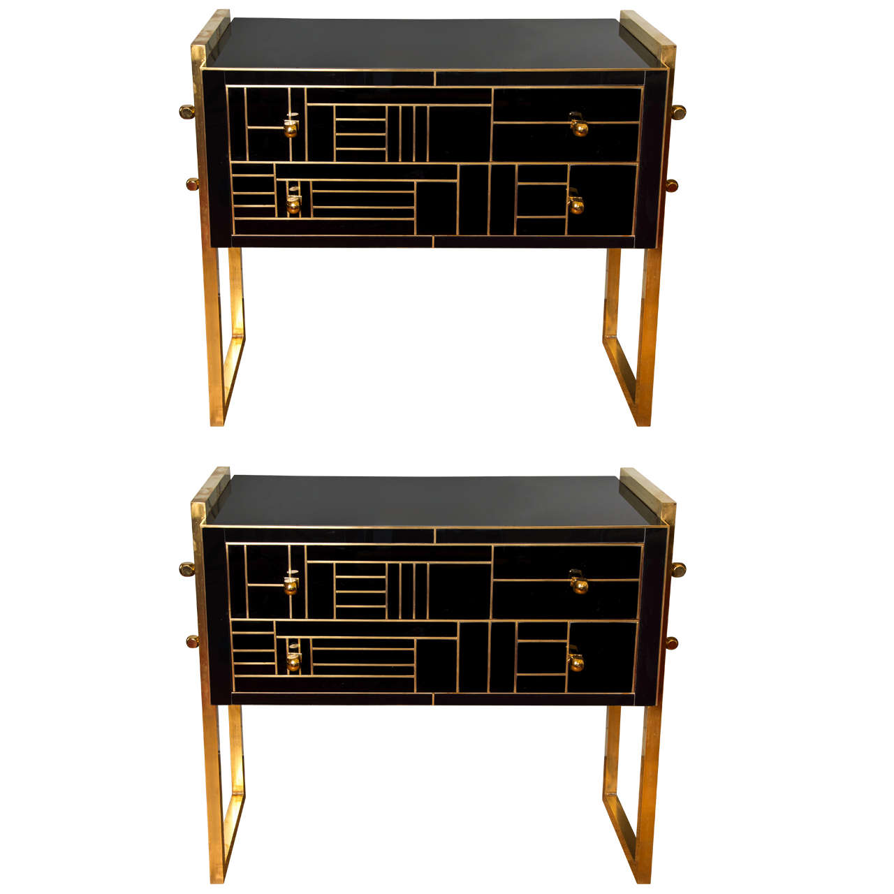 1950s Italian Black Glass and Brass Chest of Drawers