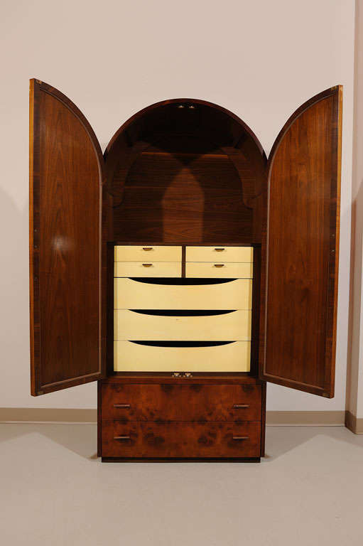 20th Century Domed Burl Wood Romweber 2 Door Armoire For Sale