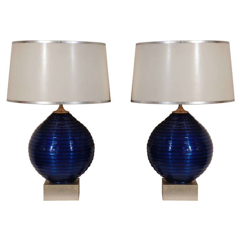 Pair of spun acrylic cobalt blue table lamps For Sale