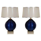 Pair of spun acrylic cobalt blue table lamps