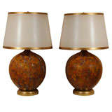 Pair of orange ceramic ball table lamps