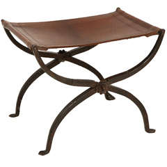 Iron and Leather Curule Bench