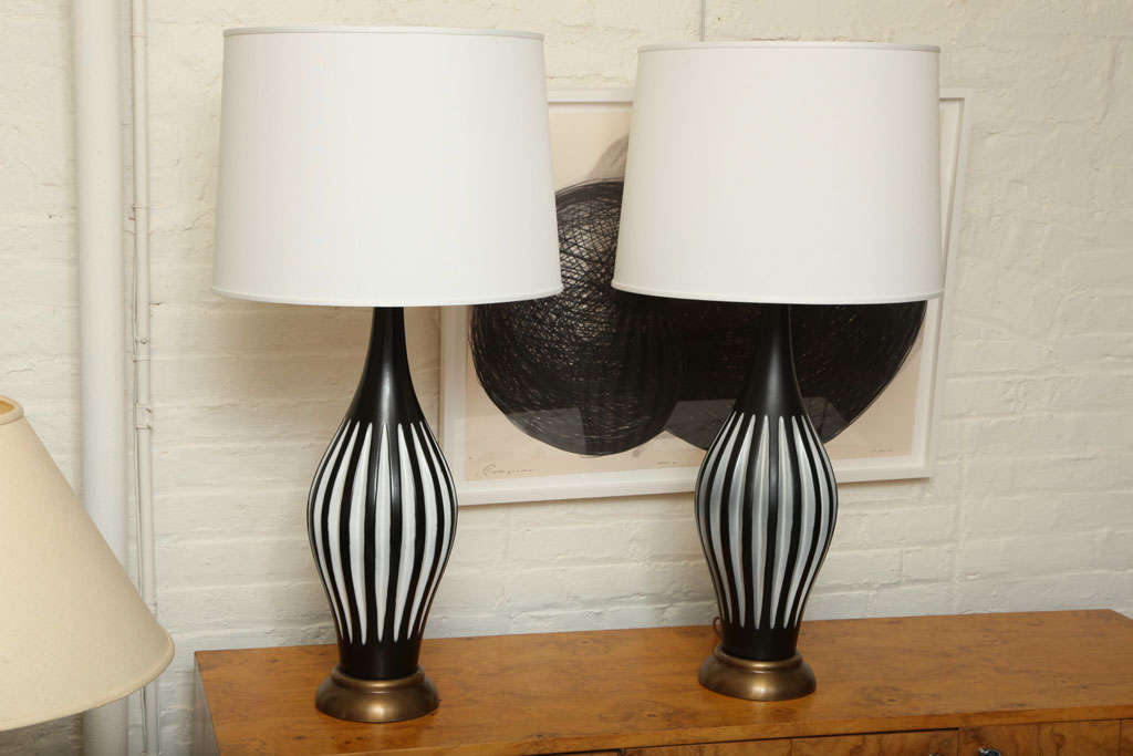 Pair of Black and Gray Striped Ceramic Lamps, c. 1960