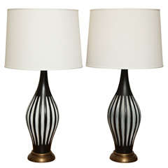Pair of Black and Gray Striped Ceramic Lamps, c. 1960
