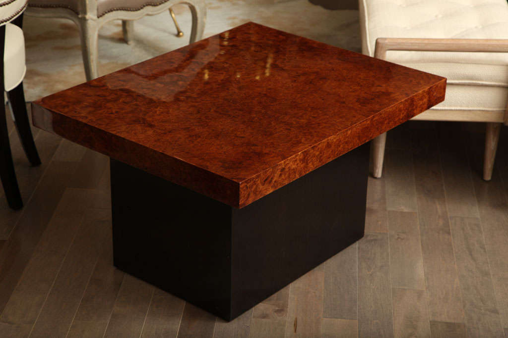 Late 20th Century Lacquered burl wood side table in the manner of Milo Baughman For Sale