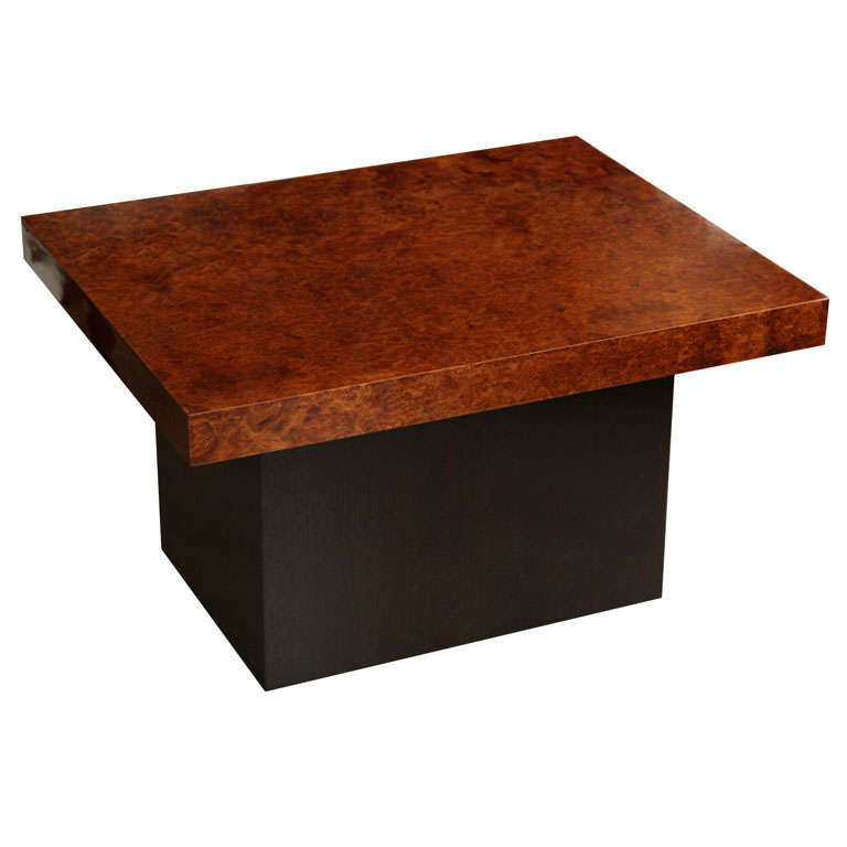 Lacquered burl wood side table in the manner of Milo Baughman For Sale