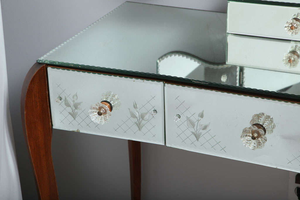 French three draw etched mirrored vanity with trifold mirror 4