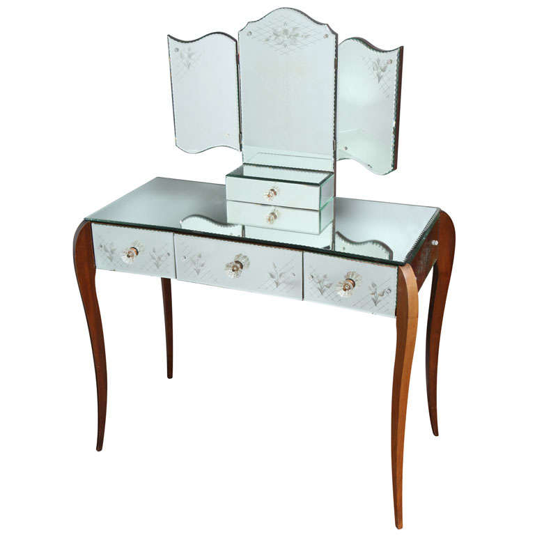 French three draw etched mirrored vanity with trifold mirror