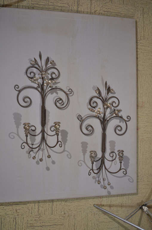 Pair of Iron/Silverleaf Wood Sconces