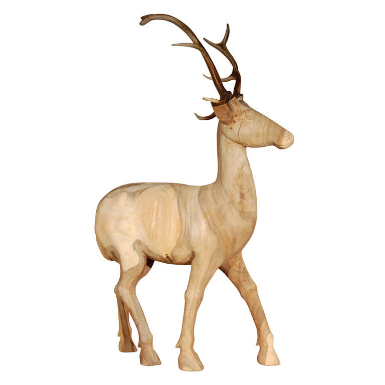 Large Wood Carved Standing Deer
