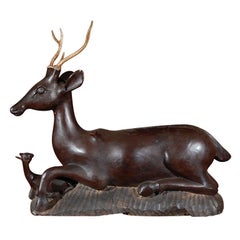 Antique Ebony Seated Deer and Fawn