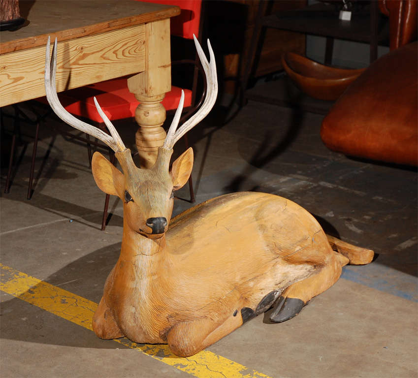 Unknown Reclining Carved and Painted Wood and Deer