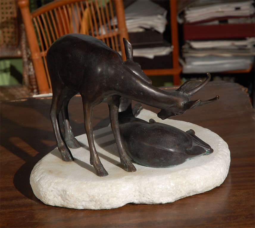 Unknown Bronze Sculpture of Deer on Stone Base