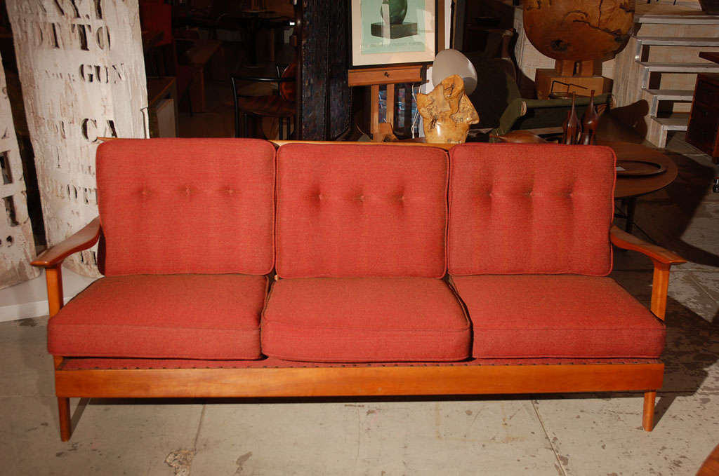 John Kapel spindle back sofa in walnut with wool upholstery