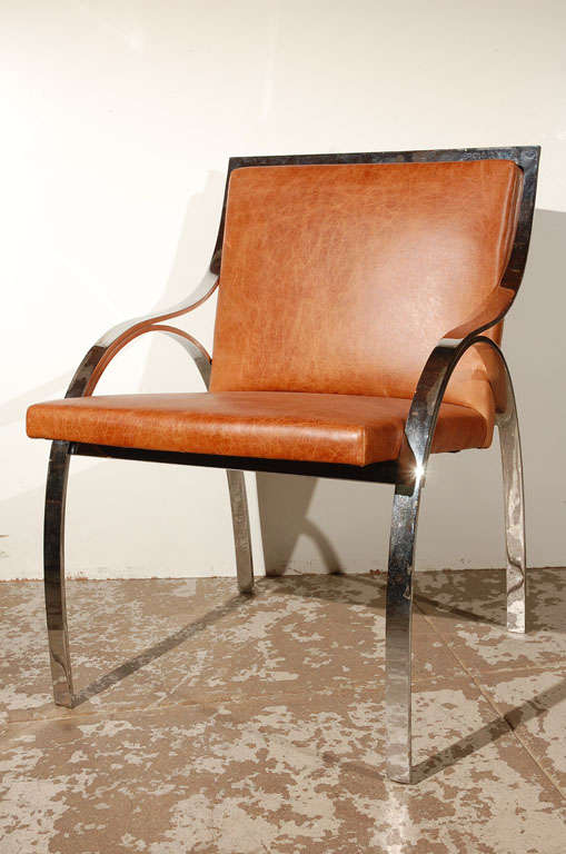 Stewart MacDougall for Carson Johnson Metal Chair in leather and chrome.  This chair model was featured in CA Design 9 in 1965.  It was pictured in the catalog twice, once with Paul Tuttle's Z chair, also manufactured by Carson Johnson, and again