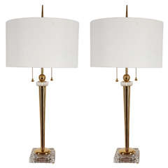 Pair of Hollywood Regency Crystal and Brass Table Lamps
