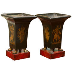 A Pair of Mid-19th Century Dark Green Tole Jardinieres