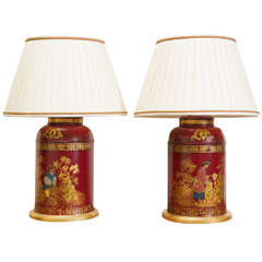 A 19th Century Pair of Red Tole Tea Canisters Mounted as Lamps