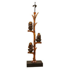 A French Carved and Stained Cherry Lamp with Monkeys