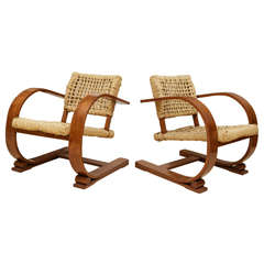 A Pair of Bentwood and Rope Armchairs by Audoux Minet for Vibo Vesoul