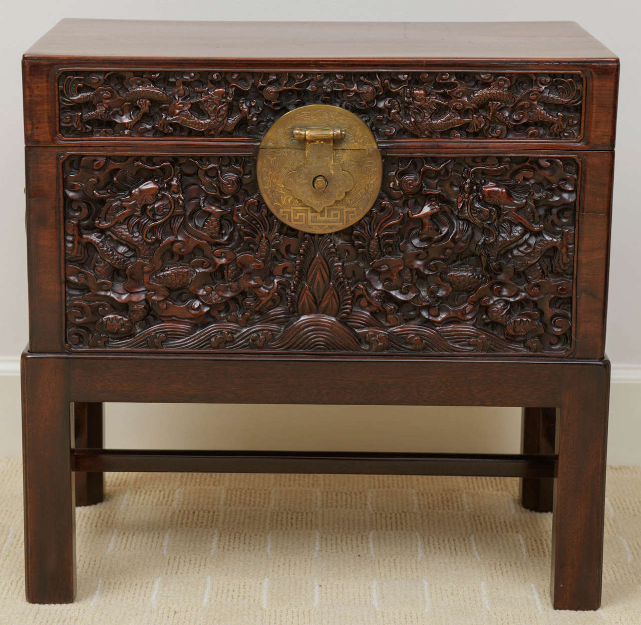 A 17th C. Chinese Rosewood Carved Chest On Later Stand