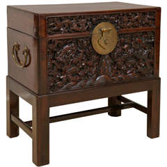 A 17th C. Chinese Rosewood Carved Chest On Later Stand