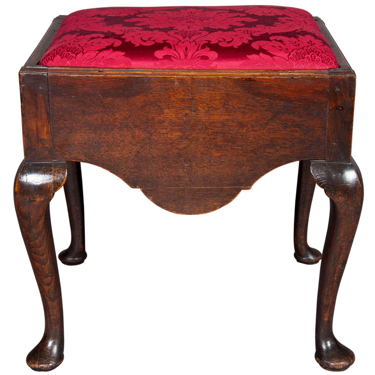 Mid-18th Century Oak Dressing Stool with red damask covered drop-in seat