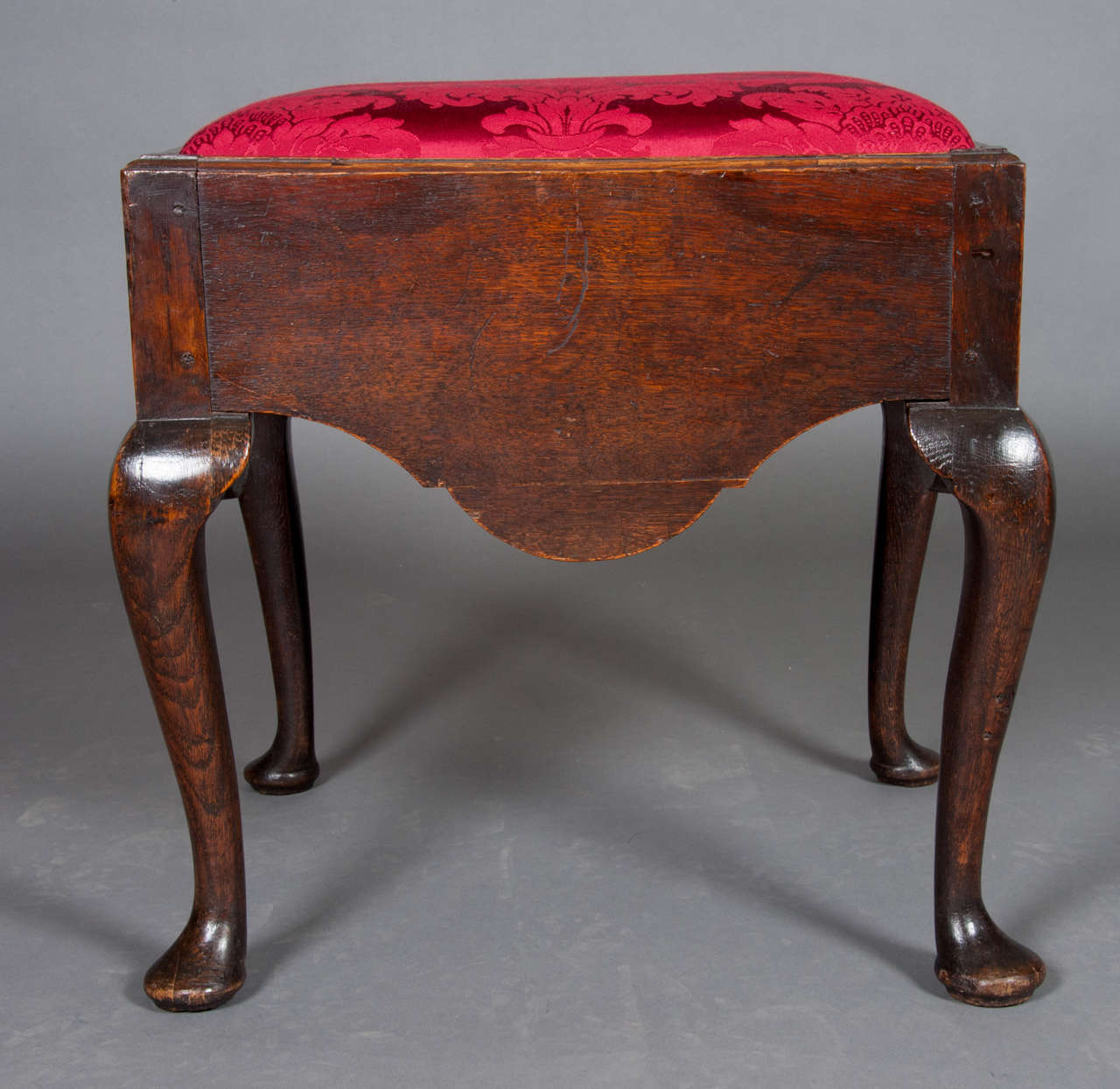 George II Mid-18th Century Oak Dressing Stool with red damask covered drop-in seat