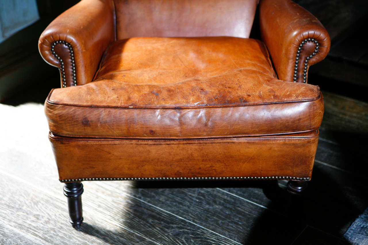 20th Century English Leather Wing Chair, Circa 1900
