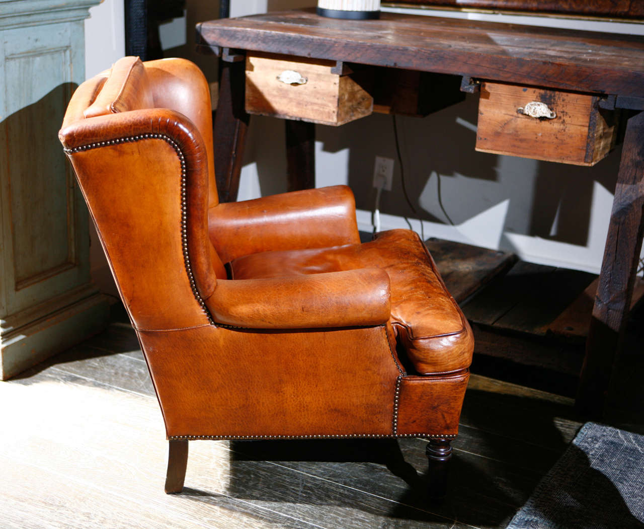 English Leather Wing Chair, Circa 1900 3