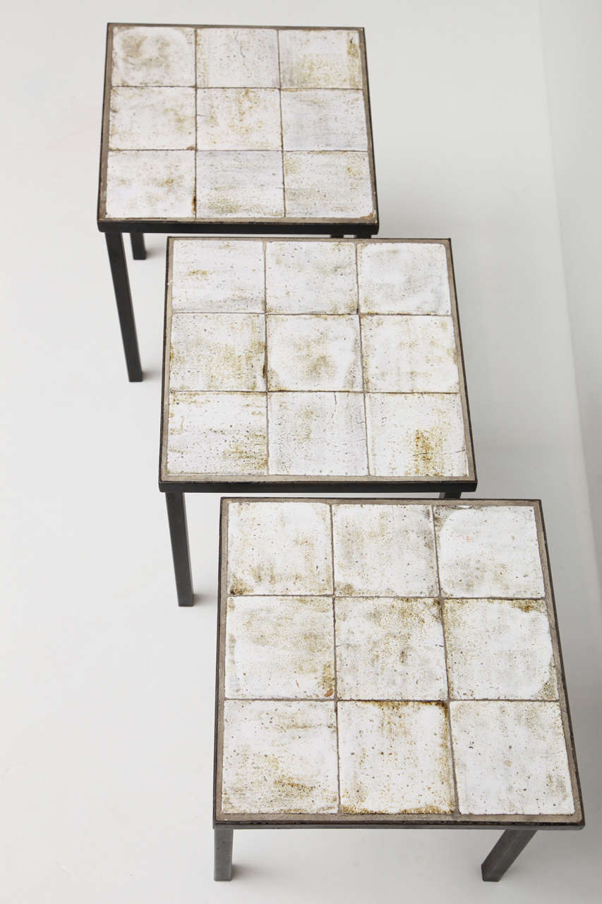 Set of Three French 1960's Wrought-Iron and Ceramic Tile Tables In Good Condition In New York, NY