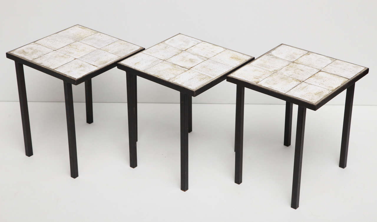Set of Three French 1960's Wrought-Iron and Ceramic Tile Tables 3