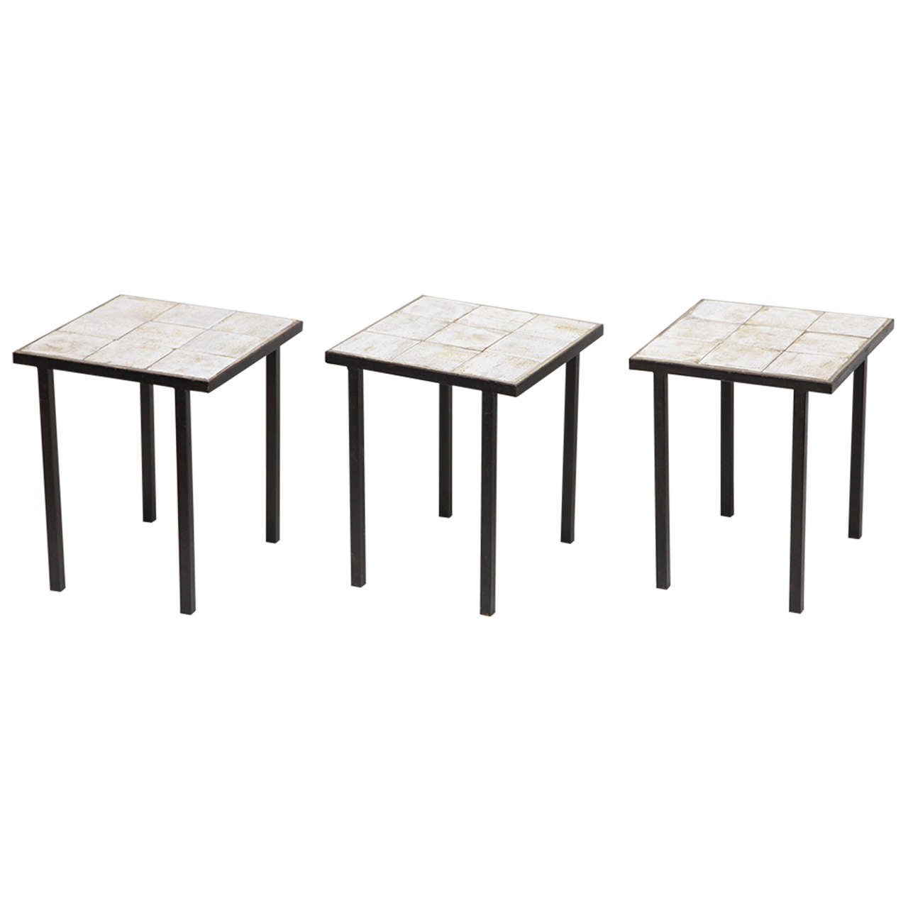 Set of Three French 1960's Wrought-Iron and Ceramic Tile Tables