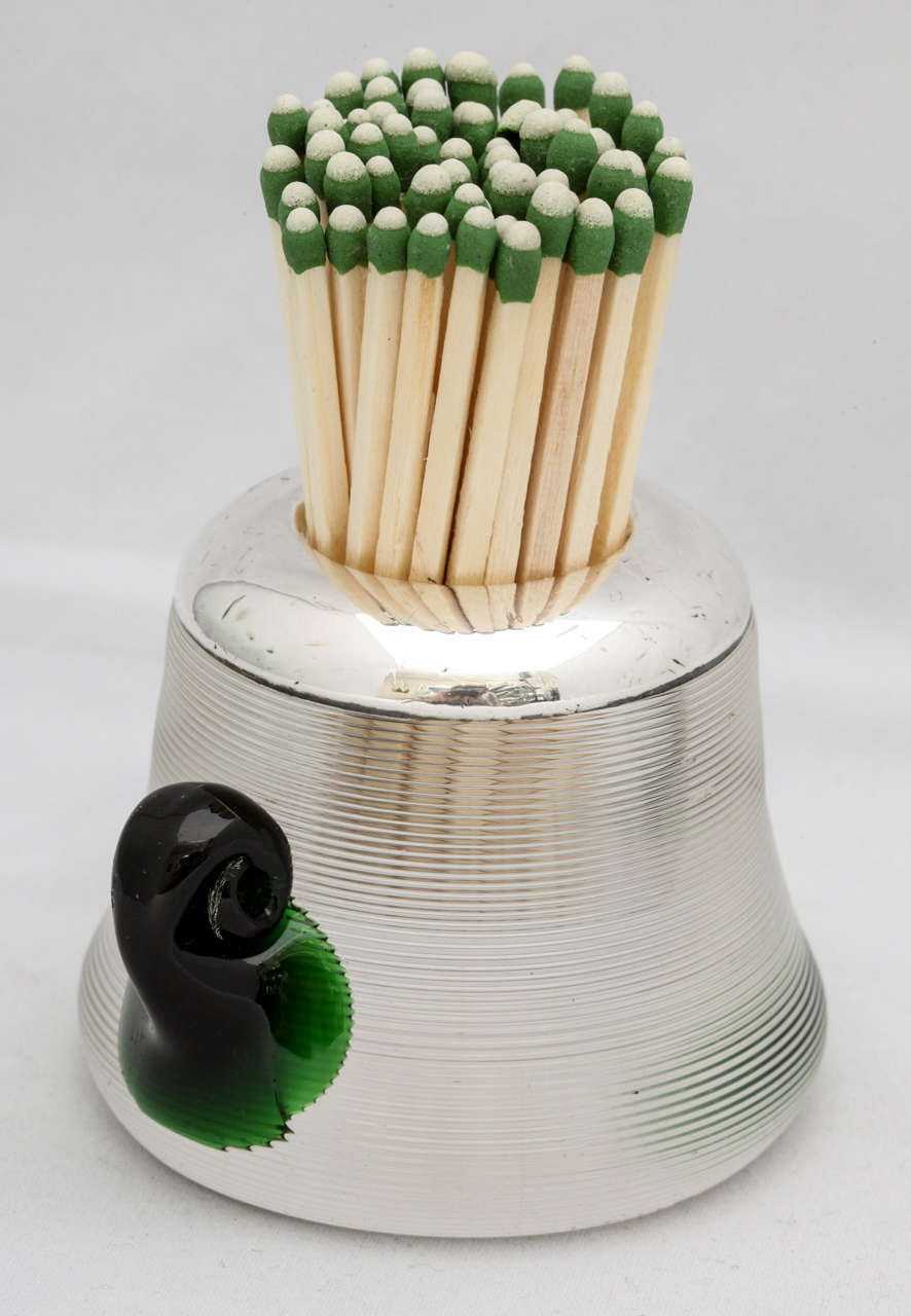 Unusual, sterling silver-mounted, threaded crystal match striker with hand-blown, dark green 