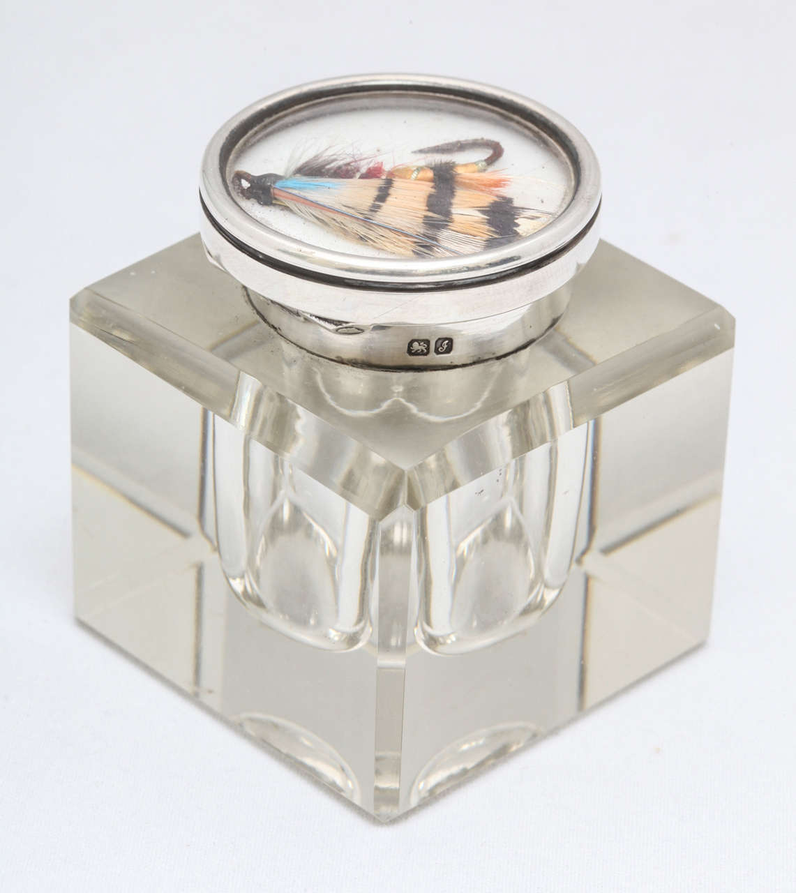 Rare, Edwardian, sterling silver - mounted crystal inkwell, having a hinged lid, Chester, England, 1909. Top of lid has an 