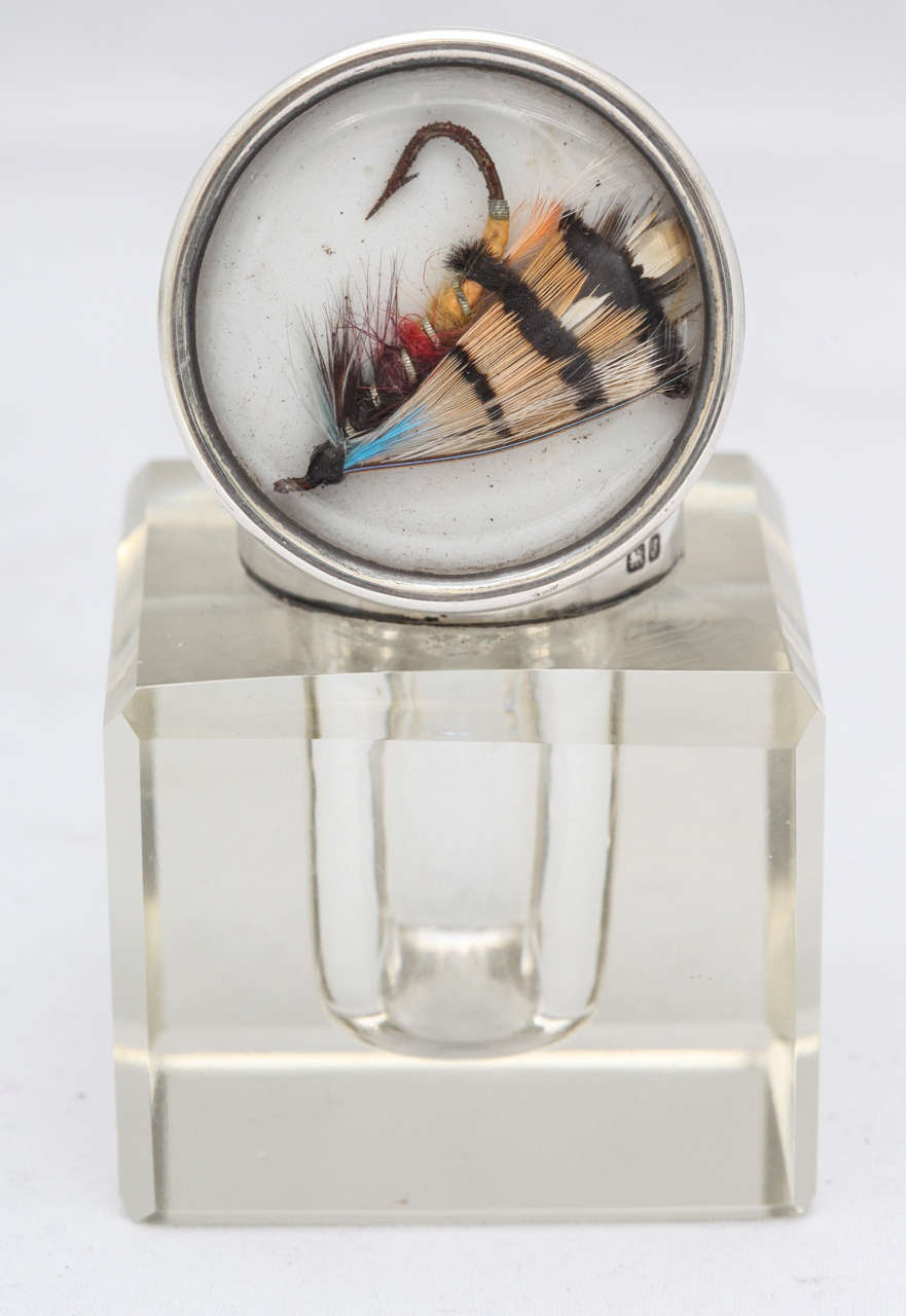 Sterling Silver and Essex Crystal With Fishing Lure-Mounted Crystal Inkwell In Excellent Condition In New York, NY