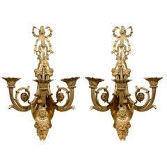 Pair of Late 18th Century French Bronze Dore, Three-Arm Sconces