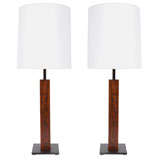 Pair of Tall Rosewood Column Table Lamps by Nessen Studios
